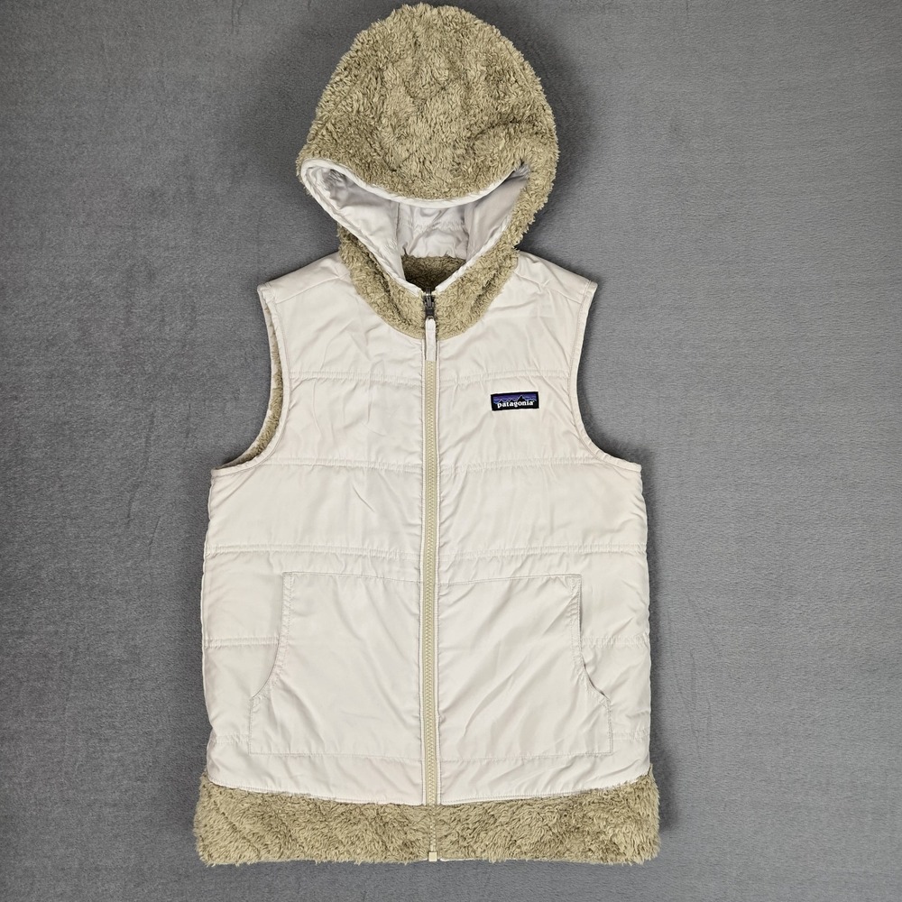 Patagonia Los Gatos Vest Womens Small Reversible Hooded Full Zip Tan White 25221